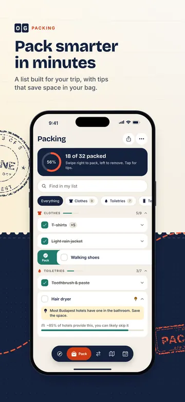 Packing: Pack smarter in minutes. A list built for your trip, with tips that save space in your bag.